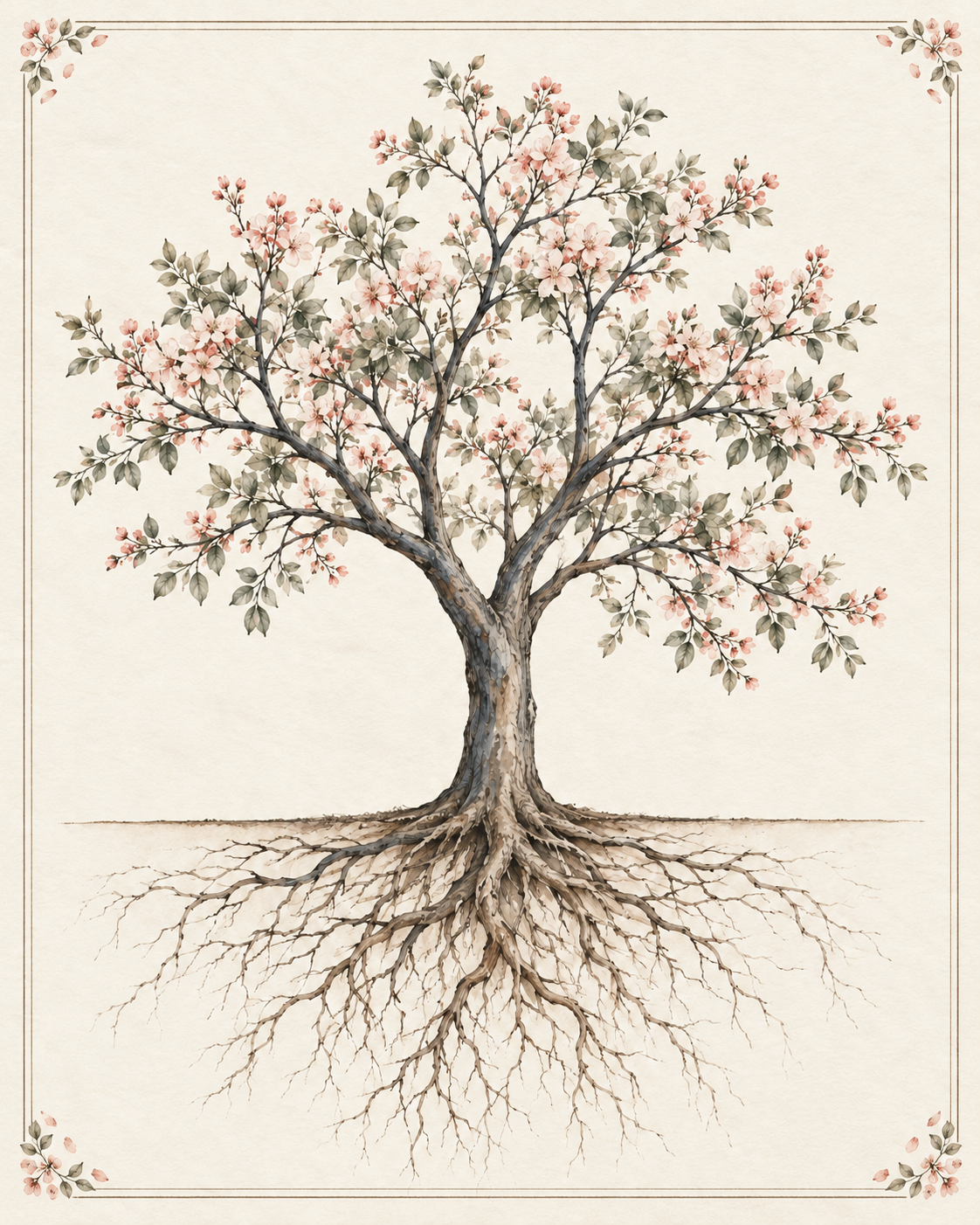 Watercolor flowering tree with visible roots, surrounded by a fine botanical border